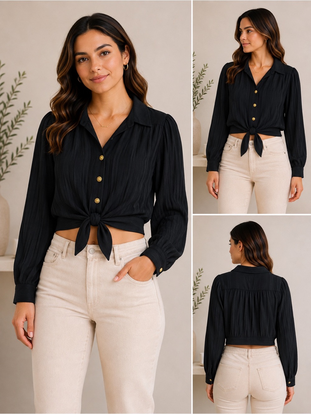 Women’s Black Tie-Front Button-Down Shirt with Gold Buttons